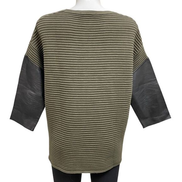 SANDRO Olive Green Ribbed Knit Lambskin Leather Sleeve Pullover Sweater sz 3 - Picture 4 of 10